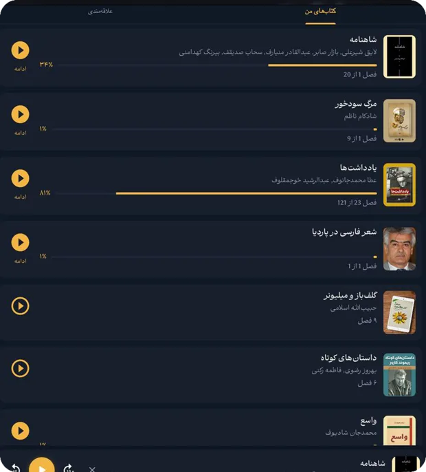 کتابخانه‌ی شخصی پرستو با نوار پیشرفت هر کتاب