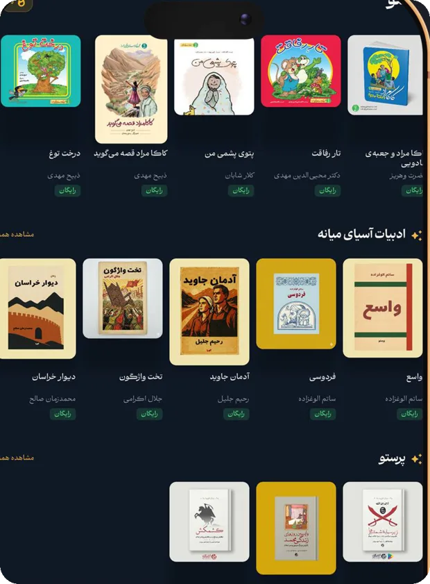 صفحه‌ی اکتشاف پرستو با قفسه‌های کتاب کودک و ادبیات آسیای میانه
